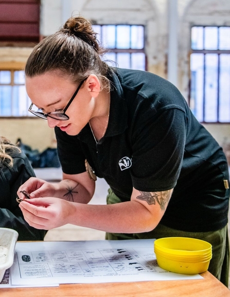 A woman with brown hair tied in a bun and glasses is bent over a table, examining part of an owl pellet. There is an information sheet and pile of yellow plastic bowls on the table.